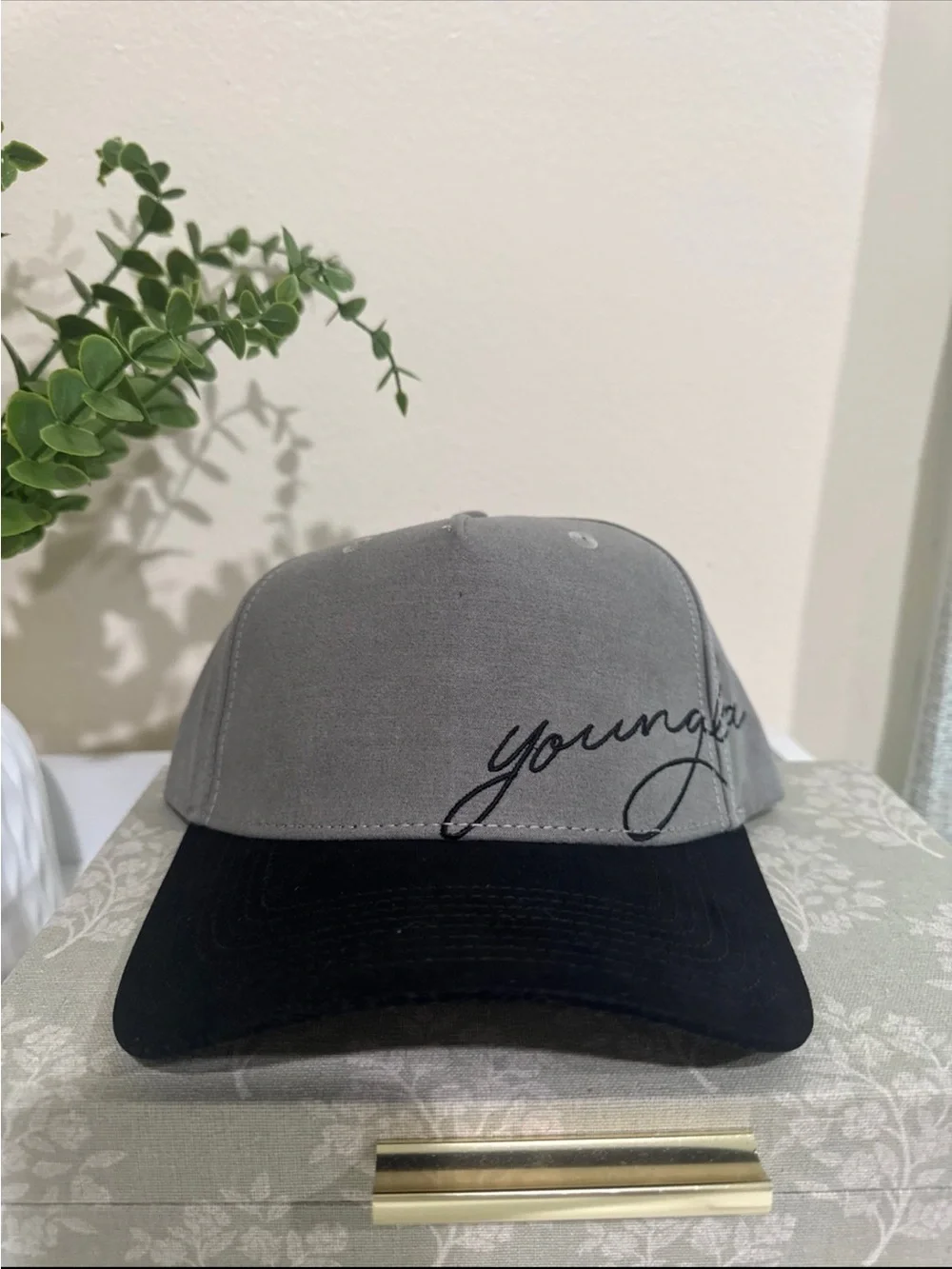 YoungLA Gray and Black Baseball Cap with Script Logo